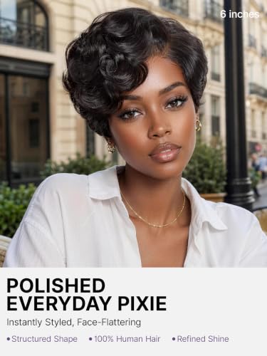 Short Pixie Cut Glueless Wig 6 Inch Human Hair Pre-Styled