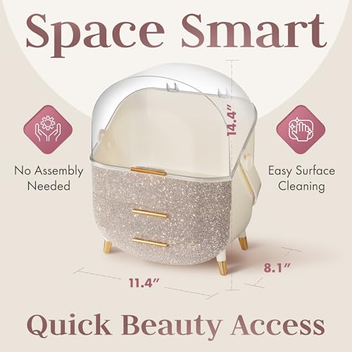 Covered Makeup Cosmetic Countertop - Large Cosmetic Organizer - Trendy Oval Shape Storage for Skin Care Organizer - Clear Lid, Storage Drawers, Carry Handle - Cute Stylish Decor Solution (Diamond)