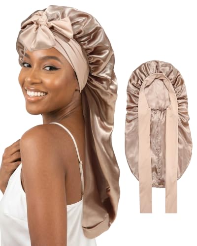 AWAYTR Long Satin Bonnet for Braids - Double Layer Sleep Cap, Champagne, One Size