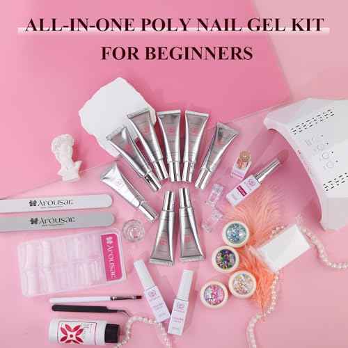 Poly Nail Gel Kit, 8 Colors Nail Extension Gel, White Nude Pink Glitter Builder Nail Gel with 2 Gel Polish, Base and Top Coat, Slip Solution, Nail Lamp DIY Salon at Home for Women
