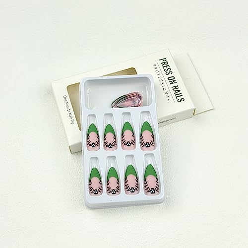 Green Press on Nails Medium Almond False Nails Matte Acrylic Nails Kit Reusable Spring Fake Nails with Designs Skeleton Glue on Nails Artificial Nails for Women Nail Art Manicure in 24PCS