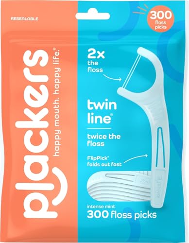 Plackers Twin Line Floss Picks, Intense Mint Dental Flossers, 300 Count