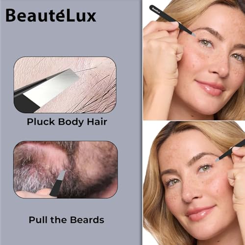 BeautéLux Black Premium Slant Tip Eyebrow Tweezer – Stainless Steel, Leather Case