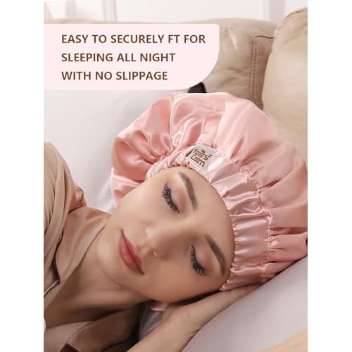 Years Calm Silk Bonnet for Sleeping Women, Double Layer Satin, Ajustable Elasticity Band£¬ Hair Satin Bonnet for Sleeping - Sleep Shower Caps (Light orange, One Size)