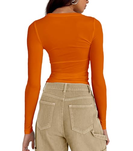 Abardsion Women's Casual Basic Going Out Crop Tops Slim Fit Long Sleeve Crew Neck Tight T Shirts (Orange, S)