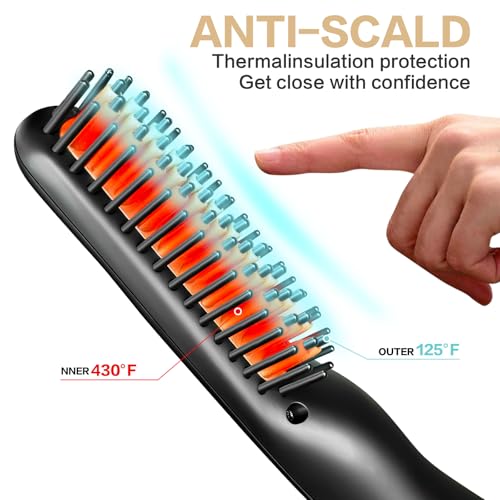 VOVO Beard Straightener Comb Upgrade Professional 2 in 1 Men's Beard Straightening Heated Hair Straightening Brush Portable Anti-Burn 6 Temperature Adjustable with LED Display for Home and Travel