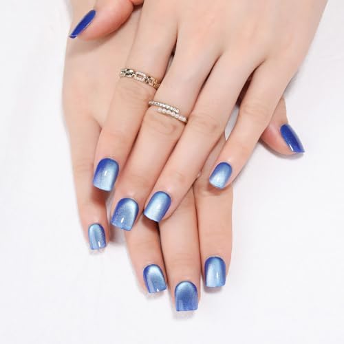 Royal Blue Cat Eye Press On Nails Short Square 30 Pcs