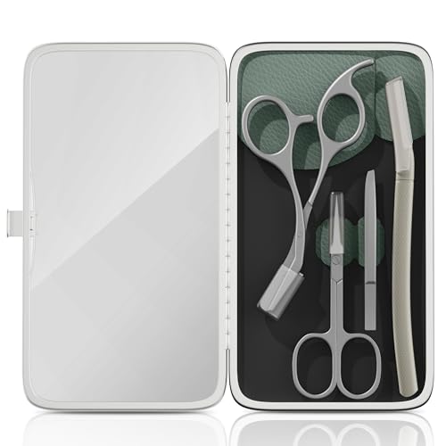 Eyebrow Trimmer Kit Scissors Tweezers Razor Facial Shaver Grooming Set with Mirror Travel Cases