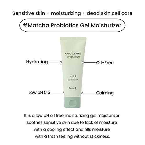HEIMISH Matcha Biome Oil-free Calming Gel Moisturizer - Moisturizing, Cooling, Soothing, Low Irritating, Non-sticky formula with Matcha, Probiotics, for Oily & Acne-prone Skin, pH 5.5, 3.4fl.oz/100ml