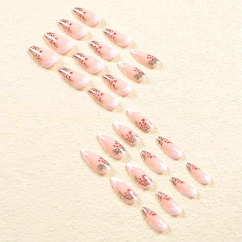 French Tip Press on Nails Medium Almond Fake Nails with Designs Christmas Holly Leaves Nude White Nail Tips Full Cover Acrylic Oval False Nails Xmas Winter Glue on Nails for Women and Girls 24Pcs