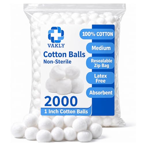 Vakly 100% Cotton Balls 1 Inch Medium - 2000 Pack for Skincare & First Aid