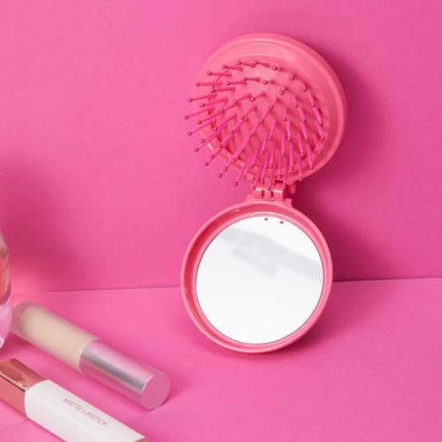 MINISO Barbie Portable Folding Mirror Comb for On-The-Go Styling | Compact Travel Hair Brush with Mirror | Fits in Pocket, Purse, Makeup Bag, Backpack | Detangling Comb for Women Quick Touch Ups