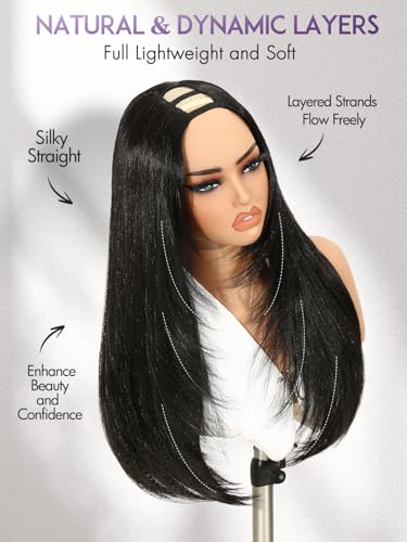 Yaki Straight U Part Wig 24" Clip-In Glueless Heat Resistant Natural Black