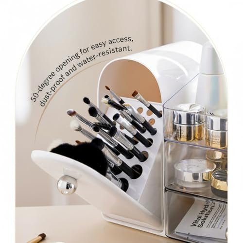 Bird&Fish Makeup Organizer with Sliding Brush Holder, Clear Skincare Organizer with Drawers, Bathroom Countertop Organizer, Sturdy Cosmetic Storage Case for Vanity, Dresser (White)