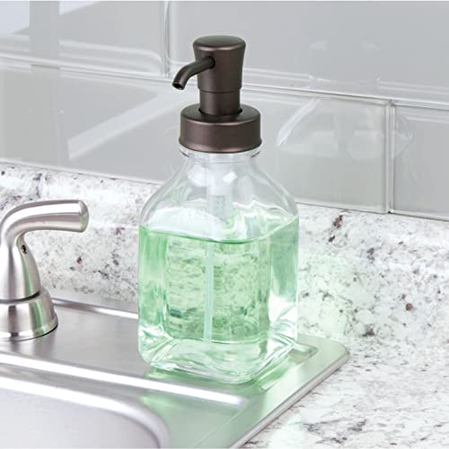 mDesign Square Glass Refillable Liquid Soap Dispenser Pump Bottle for Bathroom Vanity Countertop, Kitchen Sink - Holds Hand Soap, Dish Soap, Hand Sanitizer, Essential Oils - 2 Pack - Clear/Bronze