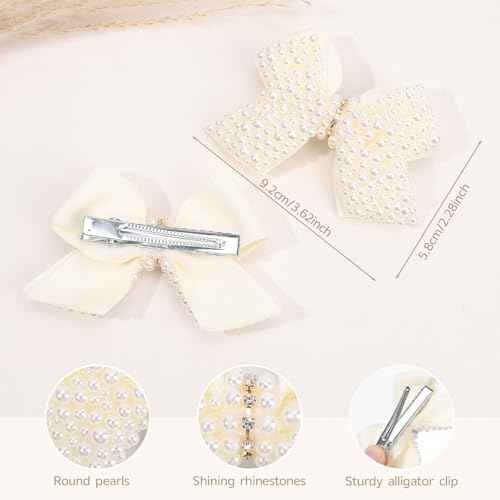 TOKUFAGU 2 PCS Pearl Hair Bows Clips for Toddler Girls, Elegant Ivory White Pearl Clips Hair Accessory for Flower Girl Wedding Birthday Halloween Christmas