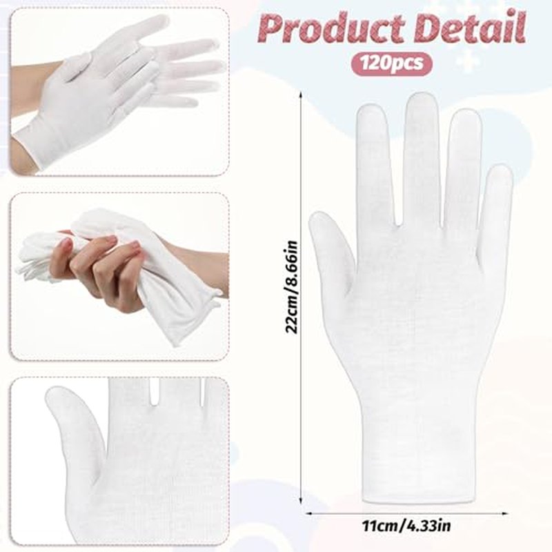 120 Pcs White Cotton Gloves for Spa & Inspection