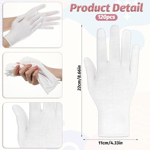 120 Pcs White Cotton Gloves for Spa & Inspection
