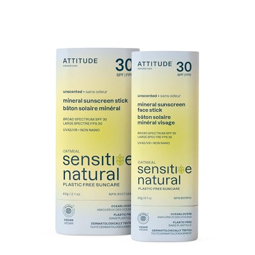 Bundle of ATTITUDE Mineral Sunscreen Face and Body Stick for Sensitive Skin, SPF 30, EWG Verified, Plastic-Free, Broad Spectrum UVA/UVB Protection with Zinc Oxide, Vegan, Unscented