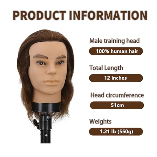 12" Male Barber Mannequin Head with Real Human Hair & Clamp