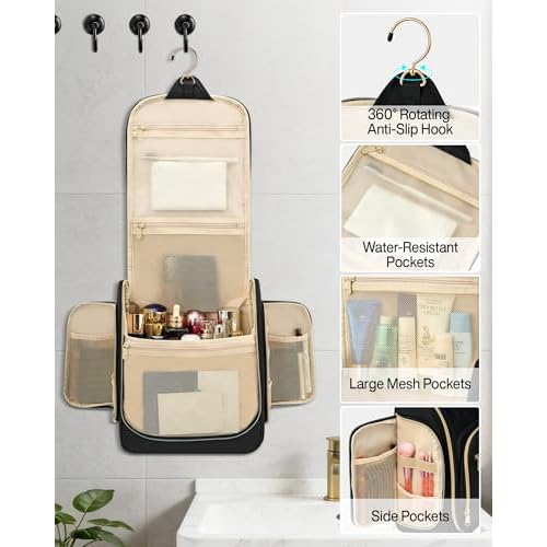Hanke Hanging Travel Toiletry Bag for Men and Women, Water-Resistant Toiletries Bag Makeup Organizer with Hook, Cosmetic Bag for Bathroom & Travel Essentials Accessories, Black
