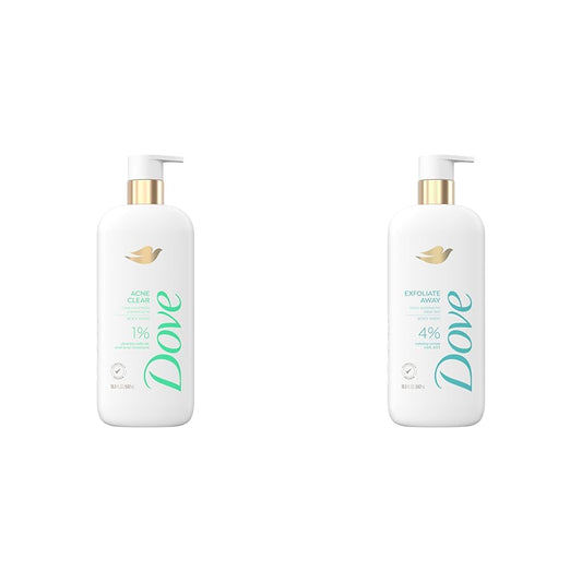 Dove Acne Clear Body Wash 1% Salicylic Acid & Exfoliate Away Body Wash 4% AHA Serum 18.5oz Each