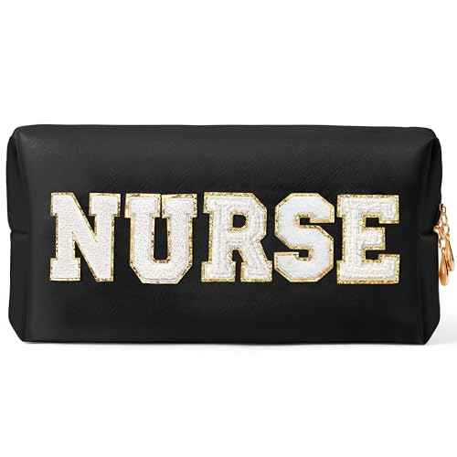 CY2SIDE NURSE Letter Makeup Bag - White Chenille Letter Patch Cosmetic Bag Black PU Leather Patch Travel Pouch Waterproof Portable Zipper Travel Organizer Case Christmas Gifts for Nurse Women