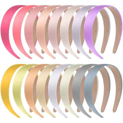 anezus 16 Pcs Satin Headbands Bulk 1 Inch Anti-slip Ribbon Hair Bands Plain Hard Headbands for Women Girls DIY Craft Hair Accessories (Pastel Color)
