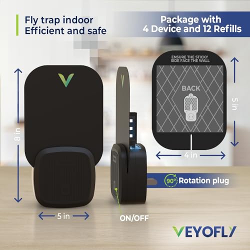 VEYOFLY Fly Trap Indoor, Fruit Fly Traps for Indoors, (4 Device + 12 Refills) Gnat Traps for House Indoor, Fly Catcher Indoor, Safer Plug in Light Flying Insect Trap, Bug Light Killer, Fly Trap