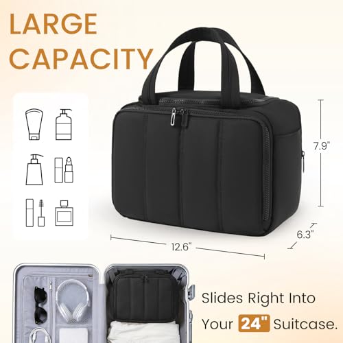 Toiletry Bag Puffy Large Travel,Lightweight Cosmetic Travel Bag with Trolley Strap,Makeup Bag for Accessories,Black
