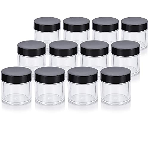 (12 pack) 1 oz Clear Plastic Jar with Black Lids Refillable Storage Organization