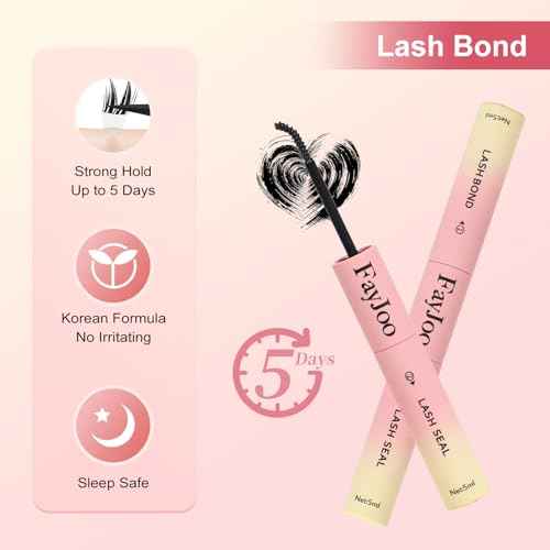 FayJoo Eyelash Adhesive Long Lasting Up to 5 Days, Strong & Flexible Hold Glue for Eyelash Extensions, Hypoallergenic Mild, Waterproof & Quick-Dry, 2 in 1 Bond & Seal for Lash Cluster(5ml+5ml), Black