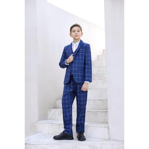 SWOTGdoby Boys Suits 3 Pieces Formal Suit Set Plaid Blazer Vest Pants Slim Fit Suit Jacket for Wedding Party