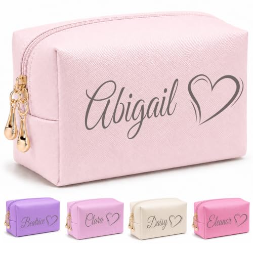 Motifool Personalized Pink Makeup Bag for Women Bridesmaid - Custom Travel Toiletry Pouch with Name & Birth Flower, Style 2