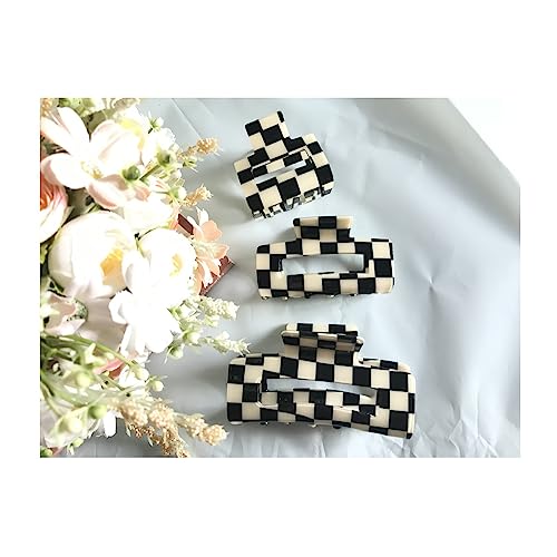 YOEMAYUNER Checkered Hair Claw Clips for Thick Hair: Square, Rectangle, Vintage, Nonslip Styling Clips for Women, 3PCs 3Sizes, Black/White A