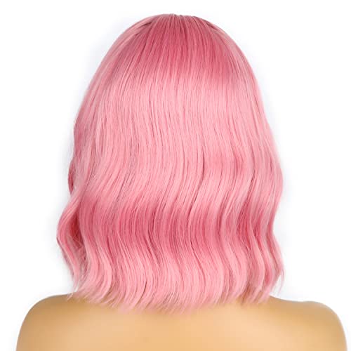 Pastel Pink Bob Wig with Bangs Loose Wavy Synthetic