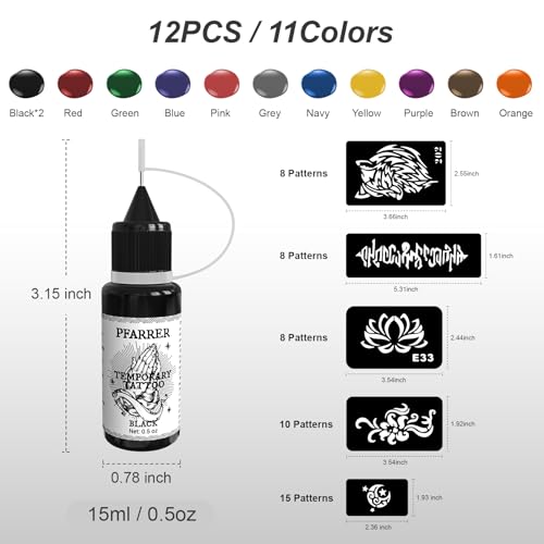 Temporary Tattoo Kit - 12 Color Inks & 49 Stencils