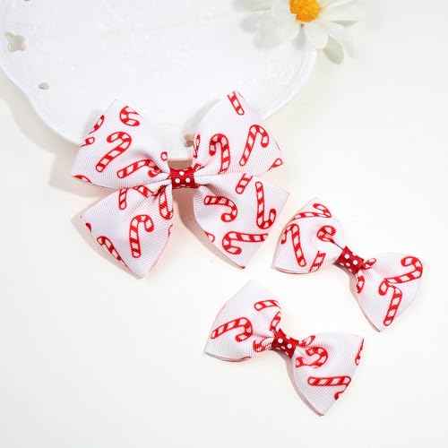 Christmas Candy Cane Print Ribbon Hair Bow Clips Barrettes Alligator Hairpins for Girls, Teens, Toddlers, Kids, Women Candy Cane Decorations Accessories Xmas Holiday Gift (O)