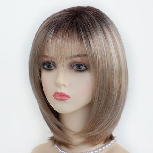 Layered Blonde Bob Wig with Bangs for Women - 12 Inch Synthetic Hair