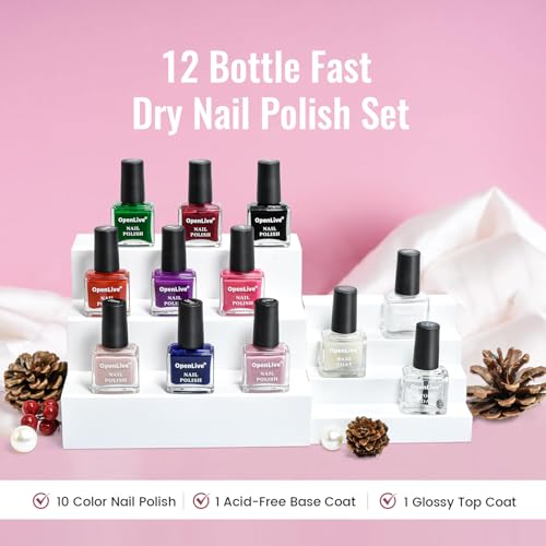 OpenLive 12-Piece Quick Dry Nail Polish Set with Base & Top Coat (5ml)