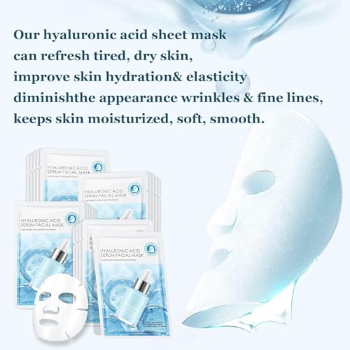 IREV Hyaluronic Acid Face Masks Skincare, Hydrating Facial Masks, Deep Moisturizing Face Mask for All Skin Types, Facial Sheet Mask for Women Skin Care, Smoothing Rejuvenating 10 Pack