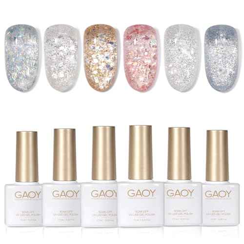 GAOY Chrome Platinum Glitter Gel Nail Polish Set, 6 Colors Including Sparkly Shiny Black Silver Pink Gel Polish Kit UV LED Soak Off Home DIY Manicure Nail Salon Varnish