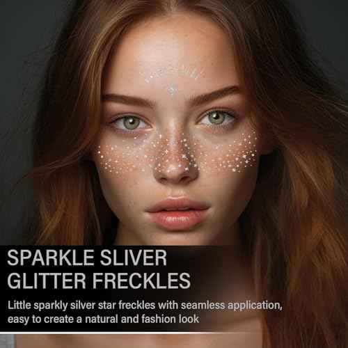 20 Pcs Silver Glitter Freckles,20 Pcs Face Gems with 4 Shapes - Sparkling Self-Adhesive Face Jewels for Festival, Rave & Party Makeup - Waterproof Face Glitter Patches for Women & Teens