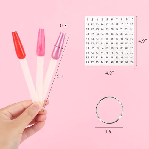 600 Pcs Nail Swatch Sticks with Ring and Number Labels, Clear Stiletto Nail Polish Color Sample Sticks Display, Practice Nails Tips for Acrylic Nails