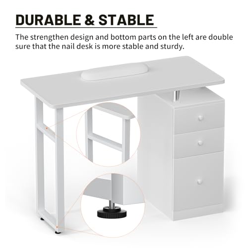 White Manicure Table with Wrist Cushion & Storage Drawers
