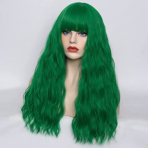 WGPFWIG Women's Dark Green Wig Short Curly Wavy Wig Shoulder Length Flat Bangs Wig For Women Girl Cosplay Party Halloween Wig Cap Included (22''Dark Green)