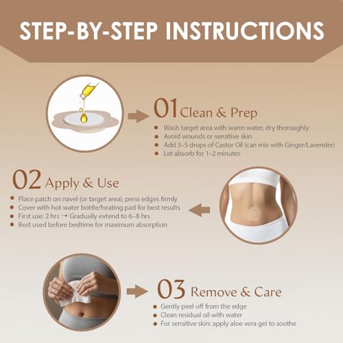 Castor Oil Patches for Belly Button ? 50PCS Disposable Castor Oil Pack Wraps with Organic Cotton Pad, Leak-Proof Belly Button Patch Cover, Breathable & Skin-Friendly