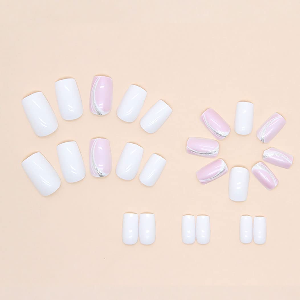 RikView White Press on Nails Medium Acrylic Nails Pink Nails Coffin Fake Nails Glossy Nails 24 PCs/Set