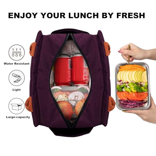 Joymee Lunch Bag Women Insulated Lunch Box Reusable Leakproof Large Spacious Cooler Tote for Women Men Adult with Bottle Holder and Side Pockets for Work Office Travel Picnic - Dark Purple