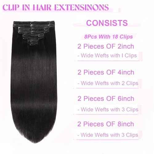 22INCH Clip In Hair Extensions Real Human Hair, Remy Human Hair Extensions 8PCS Long Soft Natural Hair piece 14-28 Inch Straight Hair Extension for Women(80g-120g 1B# Natural Black)
